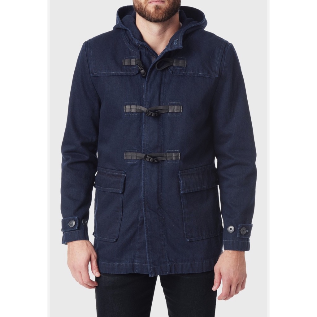 7 For All Mankind Hooded Denim Toggle Coat In Indigo Blue
